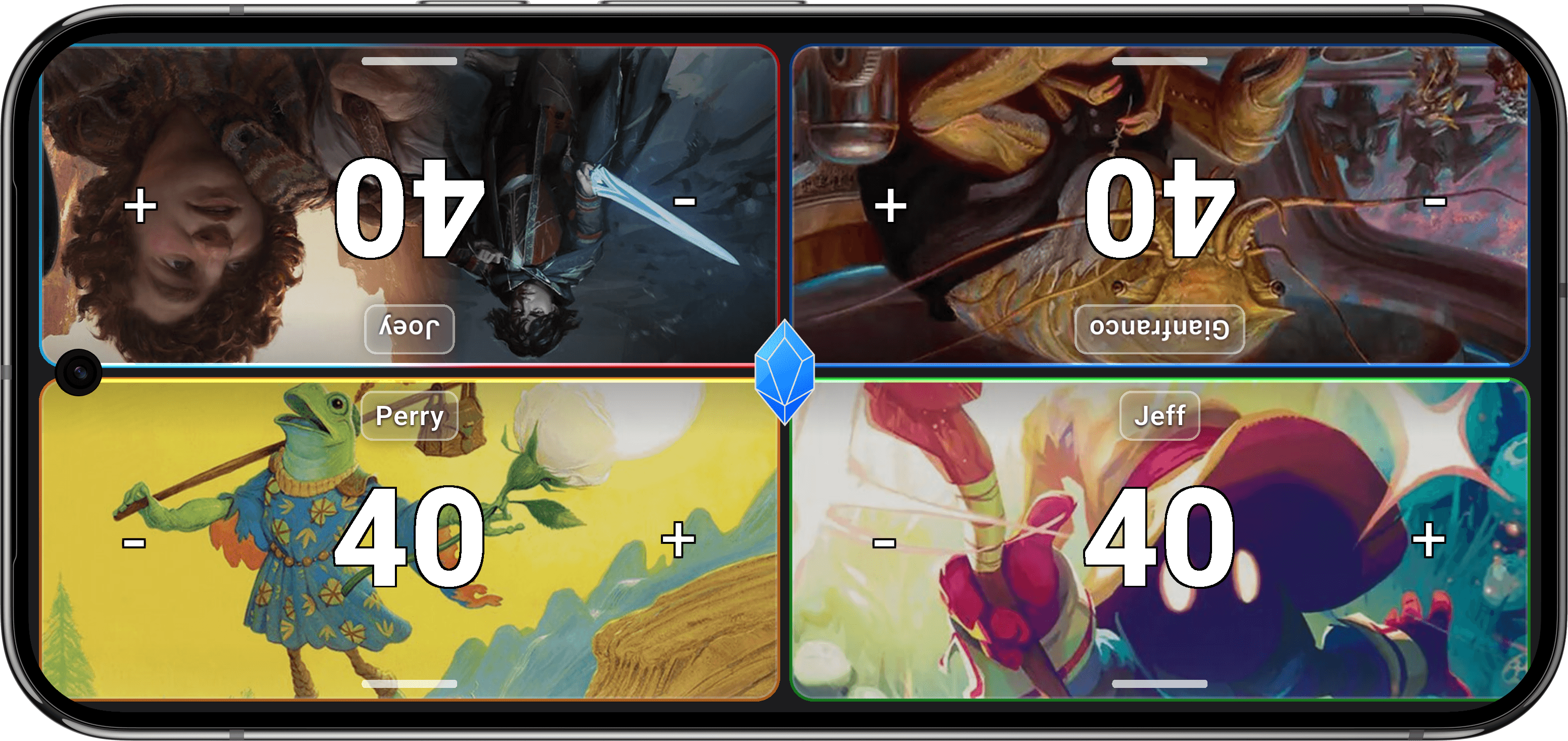 Rhystic web app interface showing four-player life tracker with life totals and commander damage tracking