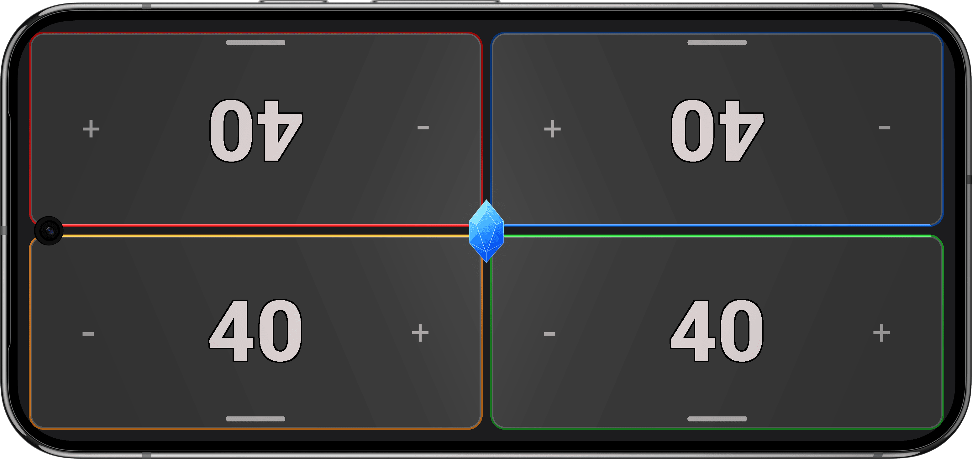 Rhystic app interface showing four-player life tracker with life totals and commander damage tracking